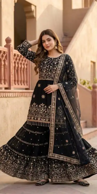 KF 1735 Black Faux Georgette Salwar Suit with Mirror Work & Embroidery Work. Get it for ₹2949. Delivery 4-6 Working Days. Shop now. | Jump Suits, Salwar suit, Casual Suits, Creative suits, Designer Suits, Palazzo Suits, Party Wear Suits, Patiala Suits, Straight Suits