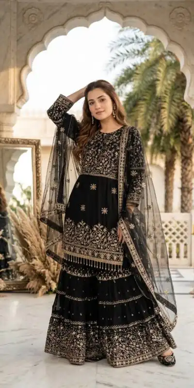 KF 1735 Black Faux Georgette Salwar Suit with Mirror Work & Embroidery Work. Get it for ₹2949. Delivery 4-6 Working Days. Shop now. | Jump Suits, Salwar suit, Casual Suits, Creative suits, Designer Suits, Palazzo Suits, Party Wear Suits, Patiala Suits, Straight Suits