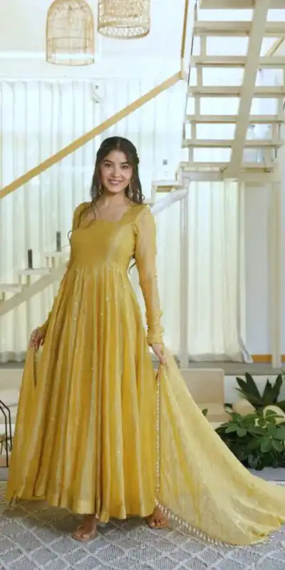 KD 1641 Gold in Salsa Silk Embroidery Work & Sequins Work Gown . Get it for ₹2899. Delivery 4-6 Working Days. Online Shop now. | Gowns, Bollywood Gowns, Creative Gowns, Designer Gowns, Embroidered Gowns, Party Wear Gowns