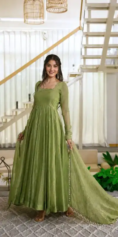 KD 1641 Green in Salsa Silk Embroidery Work & Sequins Work Gown . Get it for ₹2899. Delivery 4-6 Working Days. Online Shop now. | Gowns, Bollywood Gowns, Creative Gowns, Designer Gowns, Embroidered Gowns, Party Wear Gowns