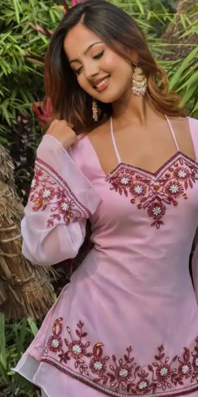 MF 509 Pink Faux Georgette Salwar Suit with Embroidery Work. Available at ₹1999 only. Delivery 4-6 Working Days. Shop now. | Jump Suits, Tops & Bottoms, Track Suits, Salwar suit, Casual Suits, Creative suits, Designer Suits, Palazzo Suits, Party Wear Suits, Patiala Suits, Straight Suits, Trendy Wear