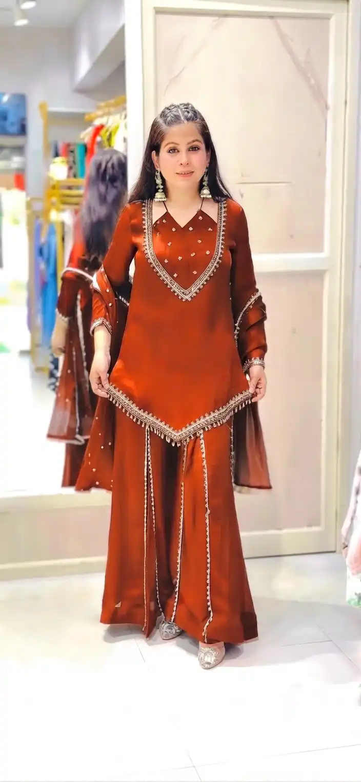 JF 054 Rust Color Roman Silk Salwar Suit with Embroidery Work. Available at ₹2399 only. Delivery 4-6 Working Days. Shop now. | Jump Suits, Salwar suit, Casual Suits, Creative suits, Designer Suits, Palazzo Suits, Party Wear Suits, Patiala Suits, Straight Suits