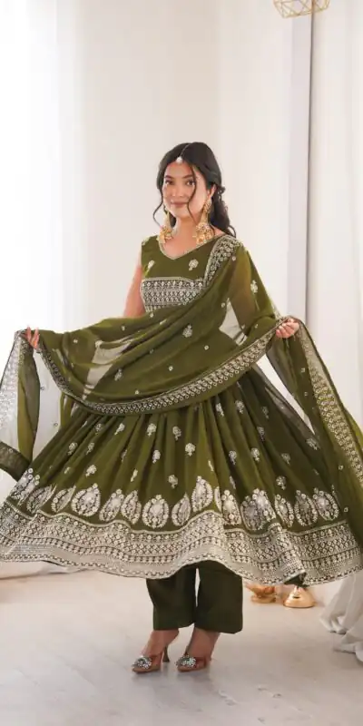 SP 91 Mehendi| Faux Georgette Salwar Suit with Lace Work & Digital Print. Introductory Price ₹2799. Delivery 4-6 Working Days. Shop now. | Anarkali Suits, Bollywood Anarkali, Creative-Anarkali, Designer Anarkali, Embroidered Anarkali, Party Wear Anarkali