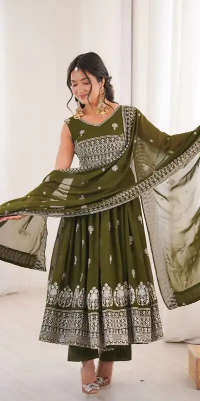 SP 91 Mehendi| Faux Georgette Salwar Suit with Lace Work & Digital Print. Introductory Price ₹2799. Delivery 4-6 Working Days. Shop now. | Anarkali Suits, Bollywood Anarkali, Creative-Anarkali, Designer Anarkali, Embroidered Anarkali, Party Wear Anarkali
