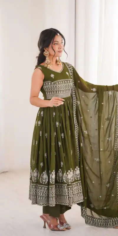SP 91 Mehendi| Faux Georgette Salwar Suit with Lace Work & Digital Print. Introductory Price ₹2799. Delivery 4-6 Working Days. Shop now. | Anarkali Suits, Bollywood Anarkali, Creative-Anarkali, Designer Anarkali, Embroidered Anarkali, Party Wear Anarkali