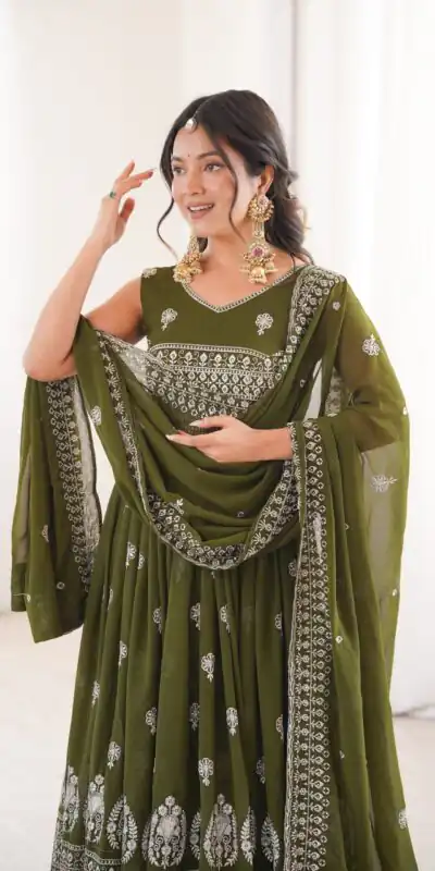 SP 91 Mehendi| Faux Georgette Salwar Suit with Lace Work & Digital Print. Introductory Price ₹2799. Delivery 4-6 Working Days. Shop now. | Anarkali Suits, Bollywood Anarkali, Creative-Anarkali, Designer Anarkali, Embroidered Anarkali, Party Wear Anarkali