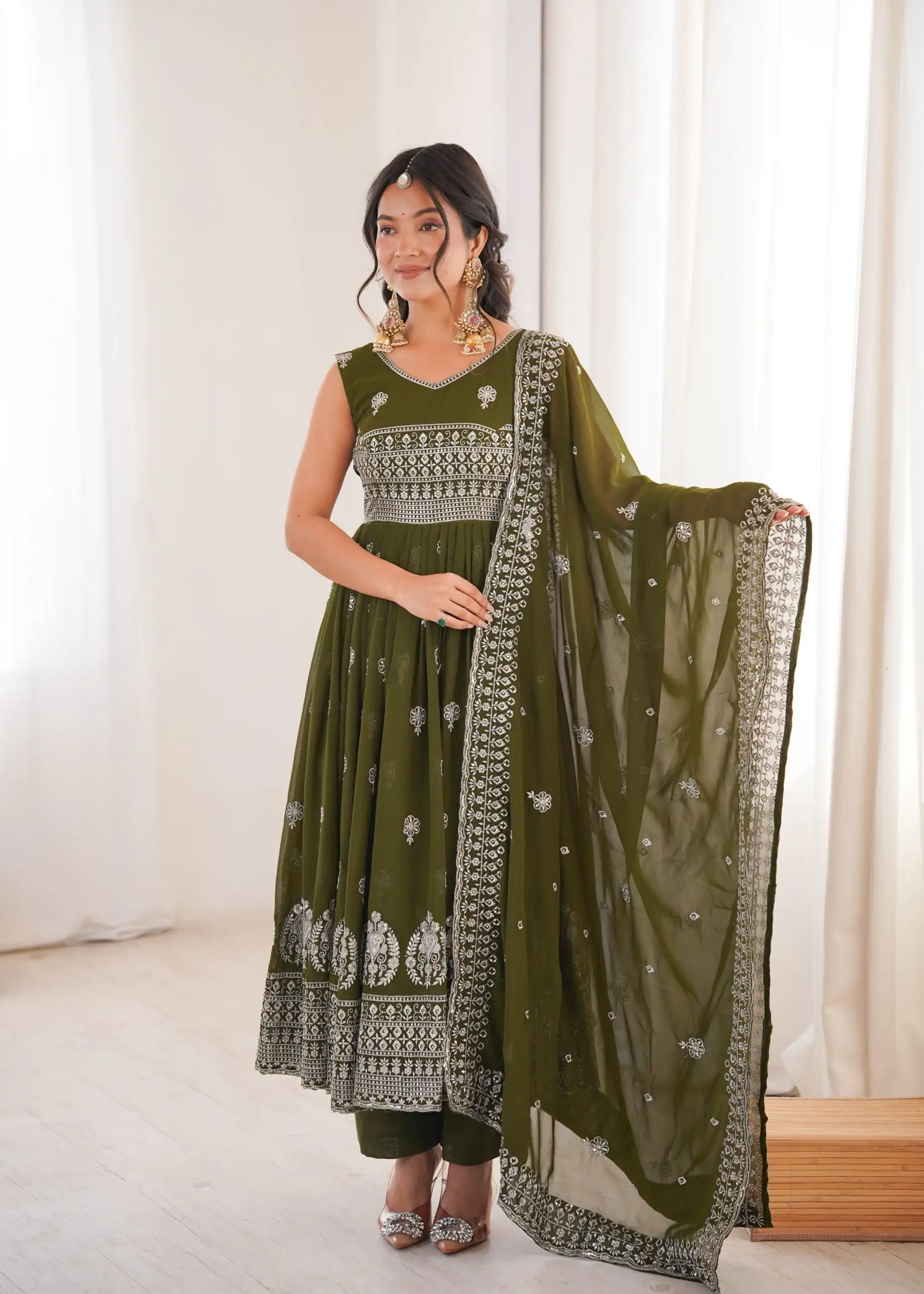 SP 91 Mehendi| Faux Georgette Salwar Suit with Lace Work & Digital Print. Introductory Price ₹2799. Delivery 4-6 Working Days. Shop now. | Anarkali Suits, Bollywood Anarkali, Creative-Anarkali, Designer Anarkali, Embroidered Anarkali, Party Wear Anarkali