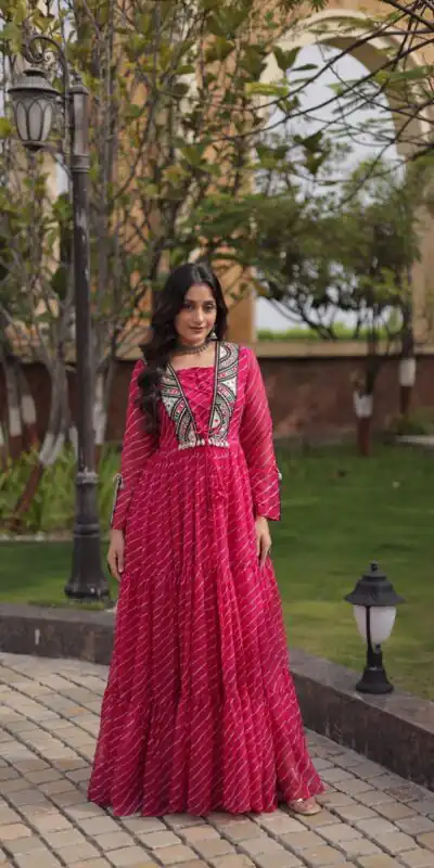KA 1274 Pink in Colour Faux Georgette Bandhani Print Work Gown. Available at ₹2019 only. Delivery 4-6 Working Days. Shop now. | Gowns, Bollywood Gowns, Creative Gowns, Designer Gowns, Embroidered Gowns, Party Wear Gowns