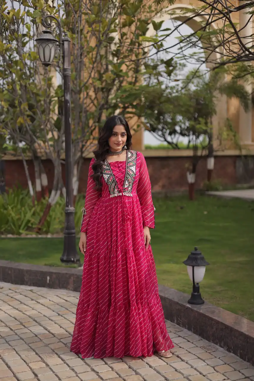 KA 1274 Pink in Colour Faux Georgette Bandhani Print Work Gown. Available at ₹2019 only. Delivery 4-6 Working Days. Shop now. | Gowns, Bollywood Gowns, Creative Gowns, Designer Gowns, Embroidered Gowns, Party Wear Gowns