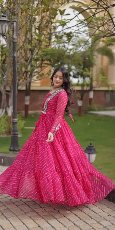 KA 1274 Pink in Colour Faux Georgette Bandhani Print Work Gown. Available at ₹2019 only. Delivery 4-6 Working Days. Shop now. | Gowns, Bollywood Gowns, Creative Gowns, Designer Gowns, Embroidered Gowns, Party Wear Gowns