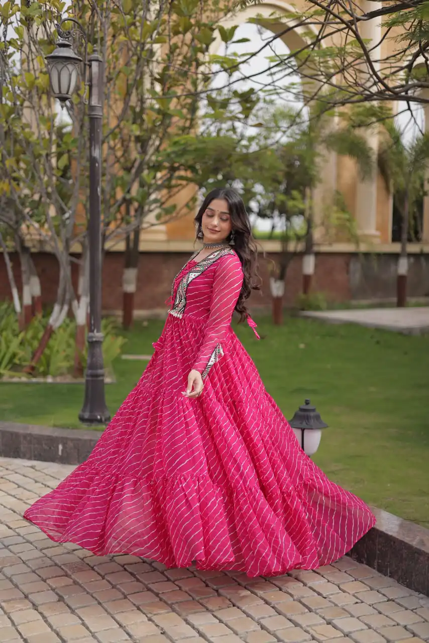 KA 1274 Pink in Colour Faux Georgette Bandhani Print Work Gown. Available at ₹2019 only. Delivery 4-6 Working Days. Shop now. | Gowns, Bollywood Gowns, Creative Gowns, Designer Gowns, Embroidered Gowns, Party Wear Gowns