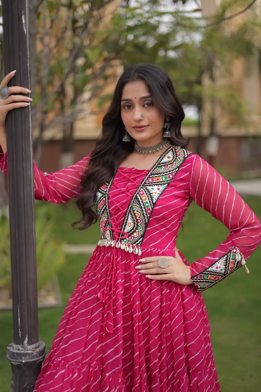 KA 1274 Pink in Colour Faux Georgette Bandhani Print Work Gown. Available at ₹2019 only. Delivery 4-6 Working Days. Shop now. | Gowns, Bollywood Gowns, Creative Gowns, Designer Gowns, Embroidered Gowns, Party Wear Gowns