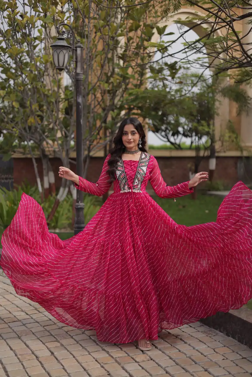 KA 1274 Pink in Colour Faux Georgette Bandhani Print Work Gown. Available at ₹2019 only. Delivery 4-6 Working Days. Shop now. | Gowns, Bollywood Gowns, Creative Gowns, Designer Gowns, Embroidered Gowns, Party Wear Gowns