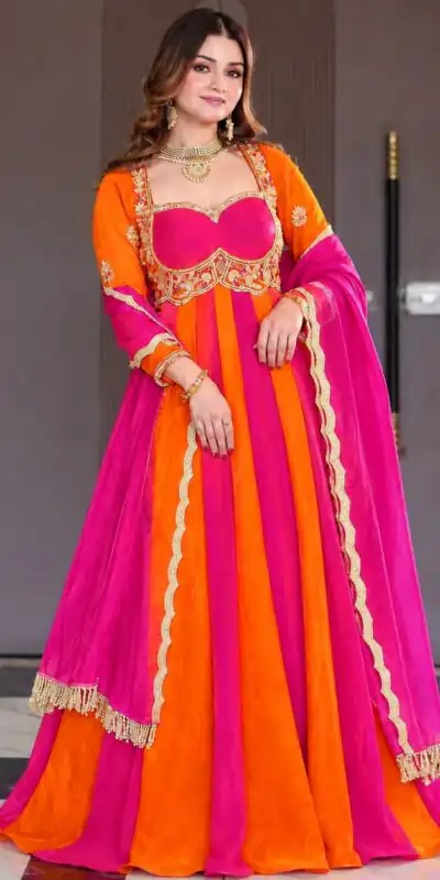 ND 5072 Pink Fendy Silk Gown with Embroidery Work & Sequins Work. Special Price ₹2849. Delivery 4-6 Working Days. Shop now. | Gowns, Bollywood Gowns, Creative Gowns, Designer Gowns, Embroidered Gowns, Party Wear Gowns
