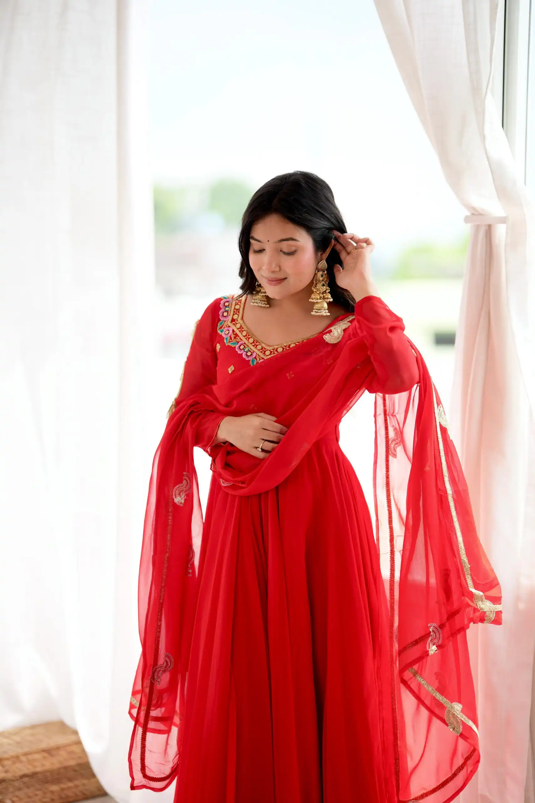 SRK 5363 Red Faux Georgette Gown with Sequins Work & Embroidery Work. Affordable Price ₹2099. Delivery 4-6 Working Days. Shop now. | Gowns, Bollywood Gowns, Creative Gowns, Designer Gowns, Embroidered Gowns, Party Wear Gowns
