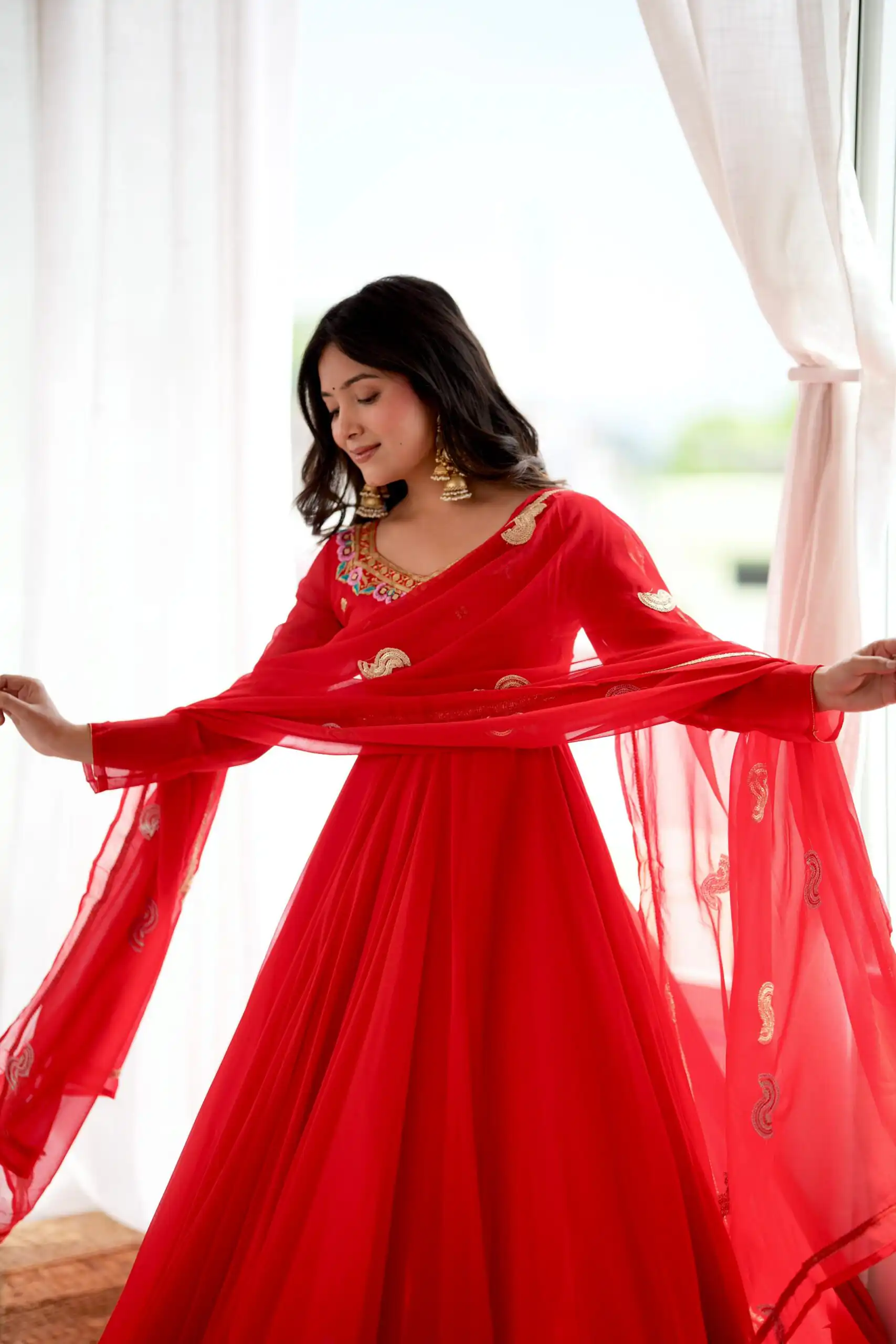 SRK 5363 Red Faux Georgette Gown with Sequins Work & Embroidery Work. Affordable Price ₹2099. Delivery 4-6 Working Days. Shop now. | Gowns, Bollywood Gowns, Creative Gowns, Designer Gowns, Embroidered Gowns, Party Wear Gowns