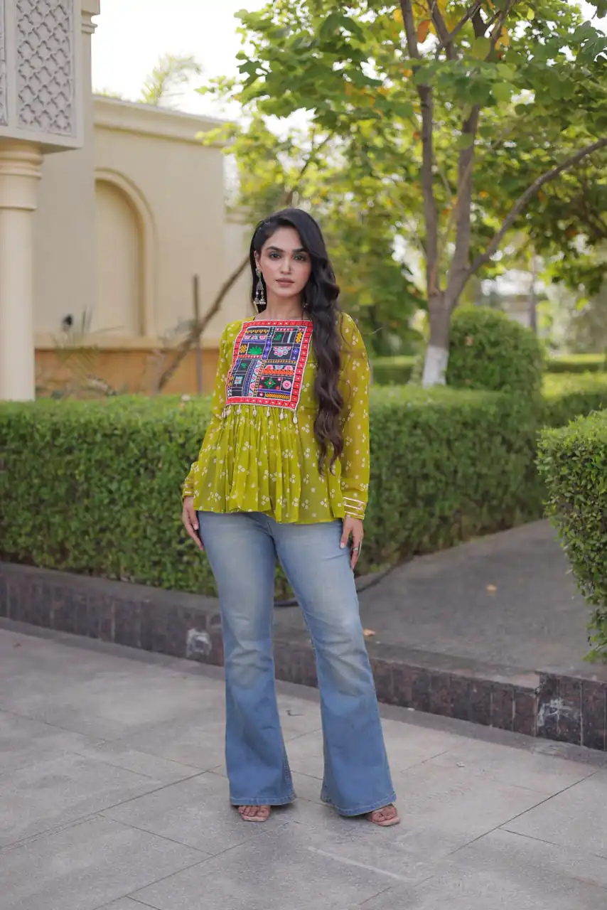 KA 5079 Mehandi Fox Georgette Kurti with Lace Work & Mirror Work. Affordable Price ₹2719. Delivery 4-6 Working Days. Shop now. | Kurti, Bollywood Kurti, Creative Kurtis, Designer Kurti, Party Wear Kurti, Selfie Kurti