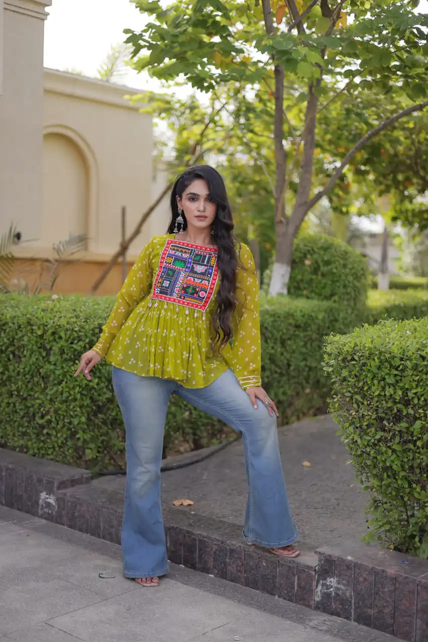 KA 5079 Mehandi Fox Georgette Kurti with Lace Work & Mirror Work. Affordable Price ₹2719. Delivery 4-6 Working Days. Shop now. | Kurti, Bollywood Kurti, Creative Kurtis, Designer Kurti, Party Wear Kurti, Selfie Kurti