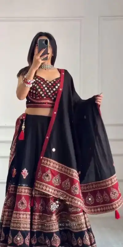 BE 503 Black | Printed Roman Lehenga Choli with Mirror Work. Affordable Price ₹2299. Delivery 4-6 Working Days. Shop now. | Lehenga, Bollywood Lehenga, Creative Lehenga, Designer Lehenga, Embroidered Lehenga, Party Wear Lehenga