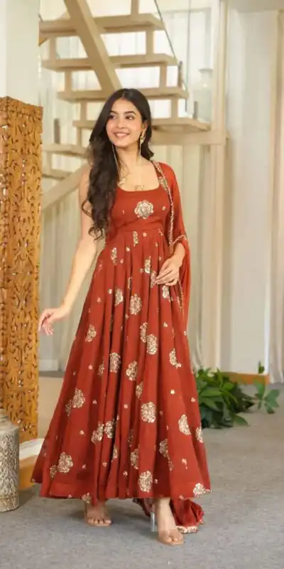 RTC 6071 Rust karishma Silk Salwar Suit Perfect for Wedding, Party, Baby Shower, Housewarming, Traditional Day – . Special Price ₹2149. Delivery 4-6 Working | Anarkali Suits, Bollywood Anarkali, Creative-Anarkali, Designer Anarkali, Embroidered Anarkali, Party Wear Anarkali