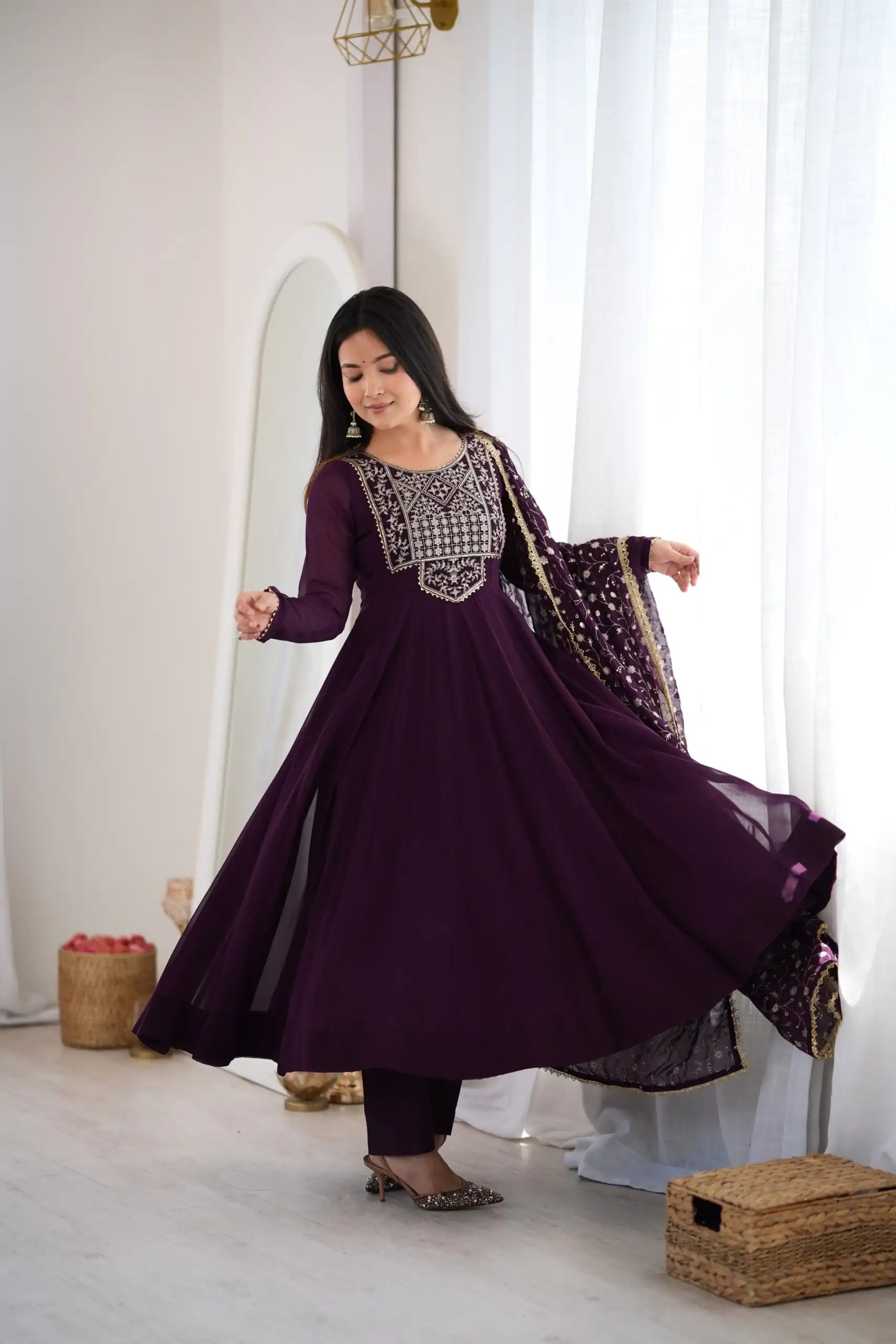 KB 315 Wine Blooming Faux Gown with Embroidery Work. Wedding, Party, Festive, Events Grab it for ₹2299. Delivery 4-6 Working Days. Shop now. | Anarkali Suits, Bollywood Anarkali, Creative-Anarkali, Designer Anarkali, Embroidered Anarkali, Party Wear Anarkali