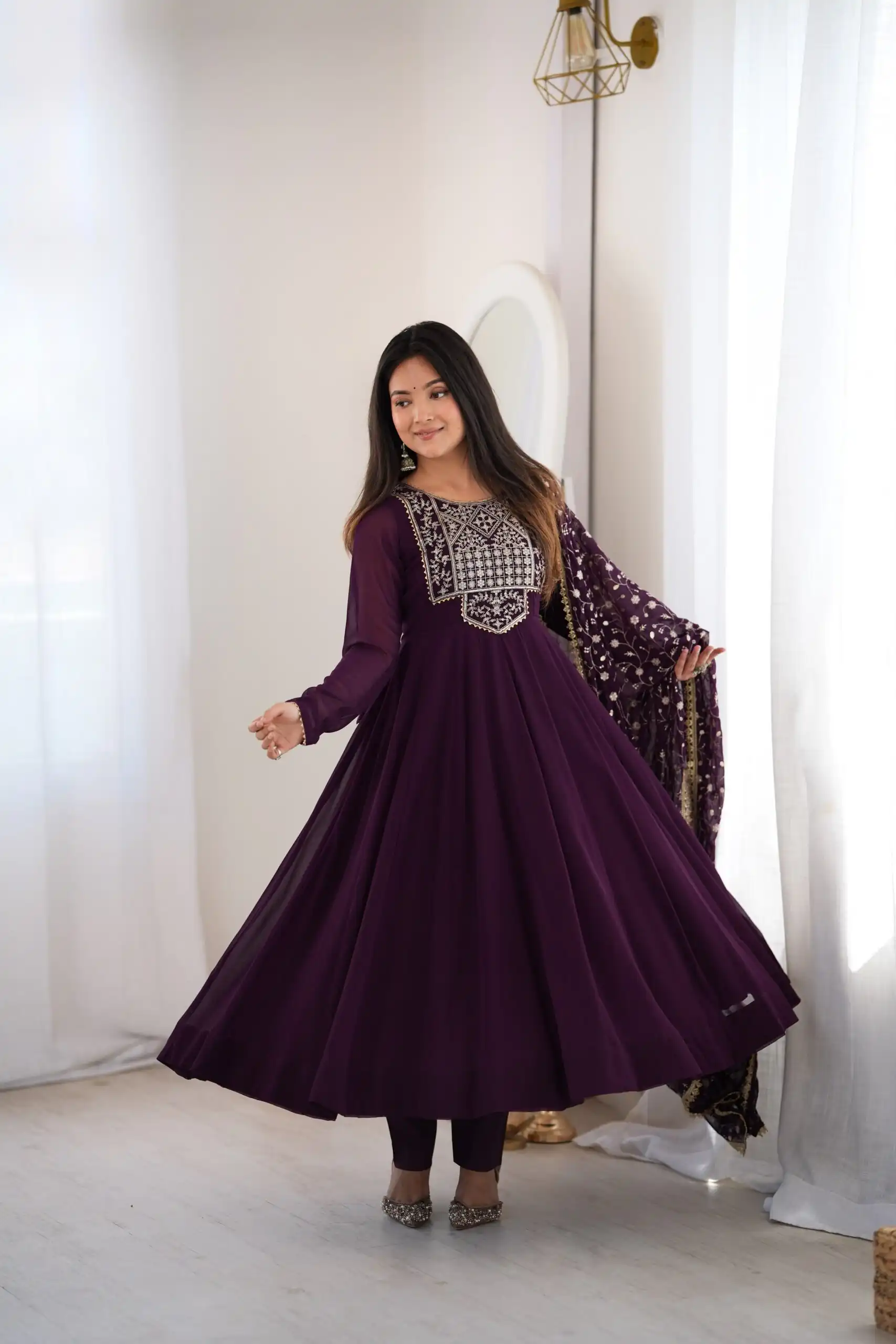 KB 315 Wine Blooming Faux Gown with Embroidery Work. Wedding, Party, Festive, Events Grab it for ₹2299. Delivery 4-6 Working Days. Shop now. | Anarkali Suits, Bollywood Anarkali, Creative-Anarkali, Designer Anarkali, Embroidered Anarkali, Party Wear Anarkali