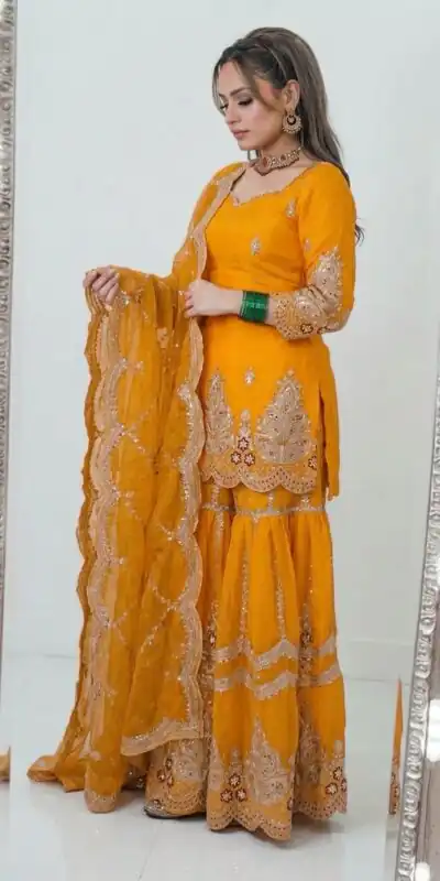 NF 1297 Yellow Fendy Silk Salwar Suitwith Embroidery Work & Lace Work. Now at just ₹2799. Delivery 4-6 Working Days. Shop now. | Jump Suits, Salwar suit, Casual Suits, Creative suits, Designer Suits, Palazzo Suits, Party Wear Suits, Patiala Suits, Straight Suits
