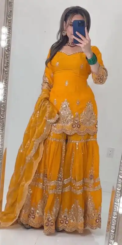NF 1297 Yellow Fendy Silk Salwar Suitwith Embroidery Work & Lace Work. Now at just ₹2799. Delivery 4-6 Working Days. Shop now. | Jump Suits, Salwar suit, Casual Suits, Creative suits, Designer Suits, Palazzo Suits, Party Wear Suits, Patiala Suits, Straight Suits
