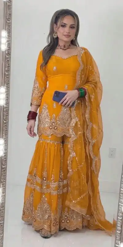 NF 1297 Yellow Fendy Silk Salwar Suitwith Embroidery Work & Lace Work. Now at just ₹2799. Delivery 4-6 Working Days. Shop now. | Jump Suits, Salwar suit, Casual Suits, Creative suits, Designer Suits, Palazzo Suits, Party Wear Suits, Patiala Suits, Straight Suits