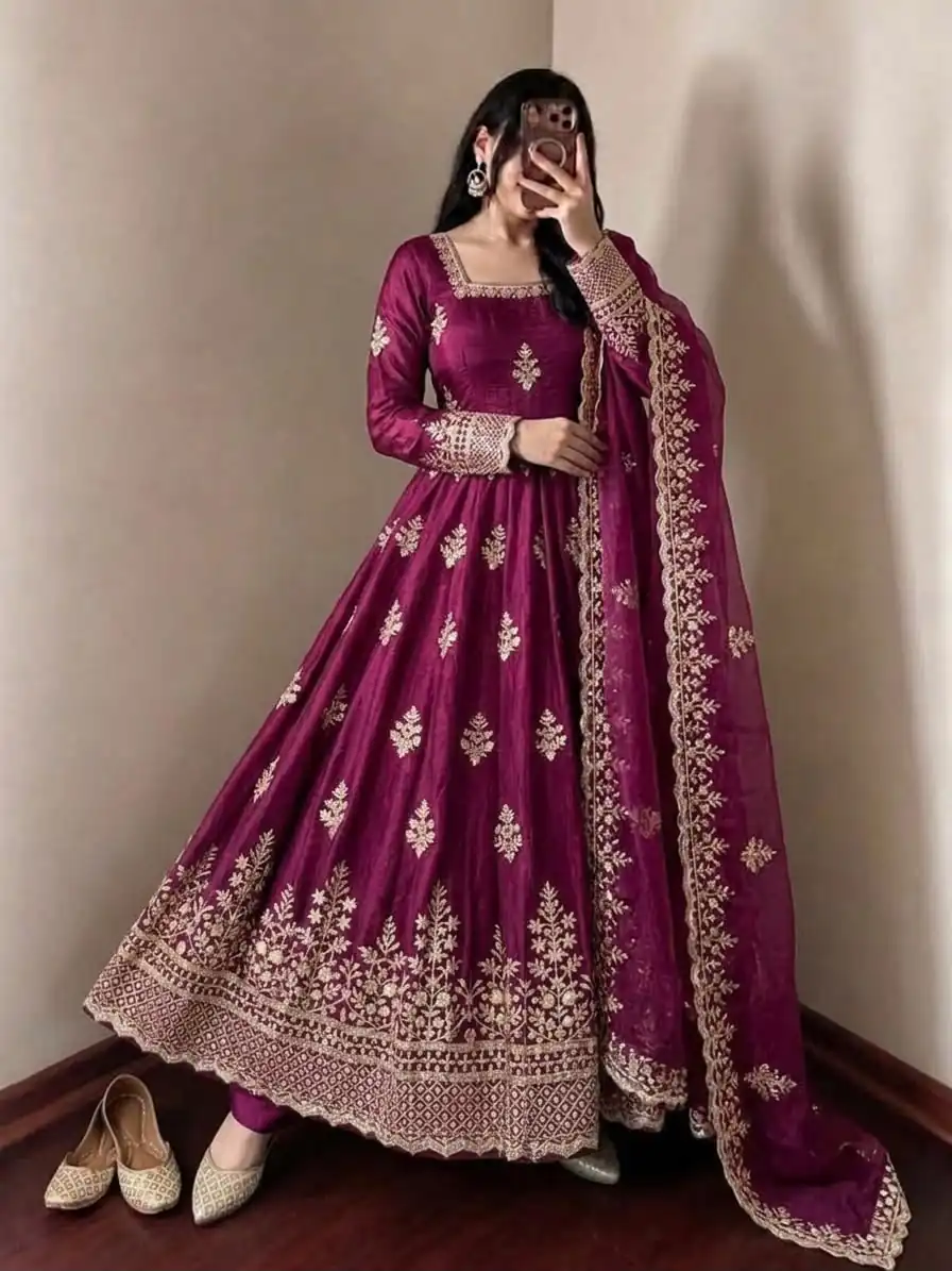 NSR 918 Wine Fendy Silk Gown with Embroidery Work & Sequins Work. Special Price ₹2399. Delivery 4-6 Working Days. Shop now. | Gowns, Bollywood Gowns, Creative Gowns, Designer Gowns, Embroidered Gowns, Party Wear Gowns