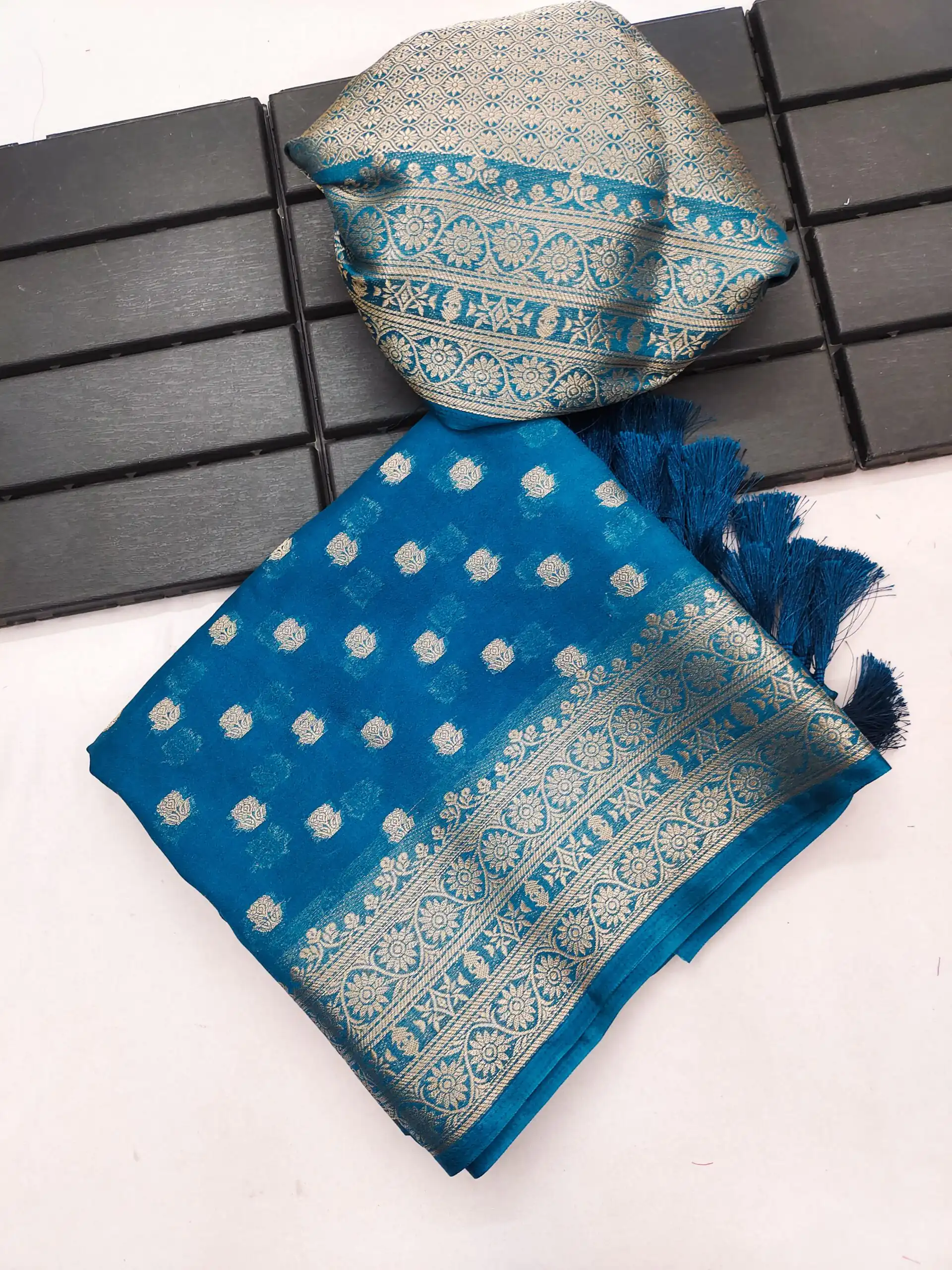 Aglow Blue Viscose Dolla Silk Meenakari Zari Work Saree - Image 2