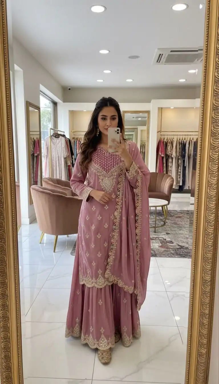 Aglow Pink Chinon Embroider Work Salwar Suit