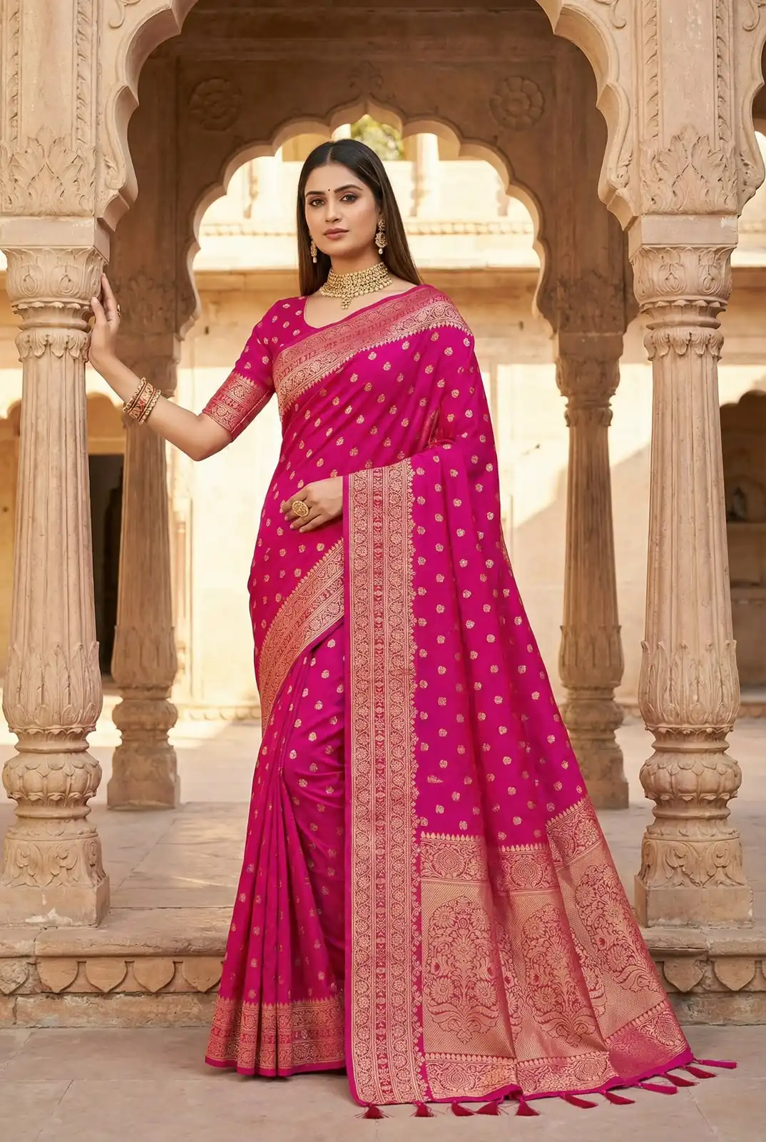Aglow Pink Viscose Dolla Silk Meenakari Zari Work Saree