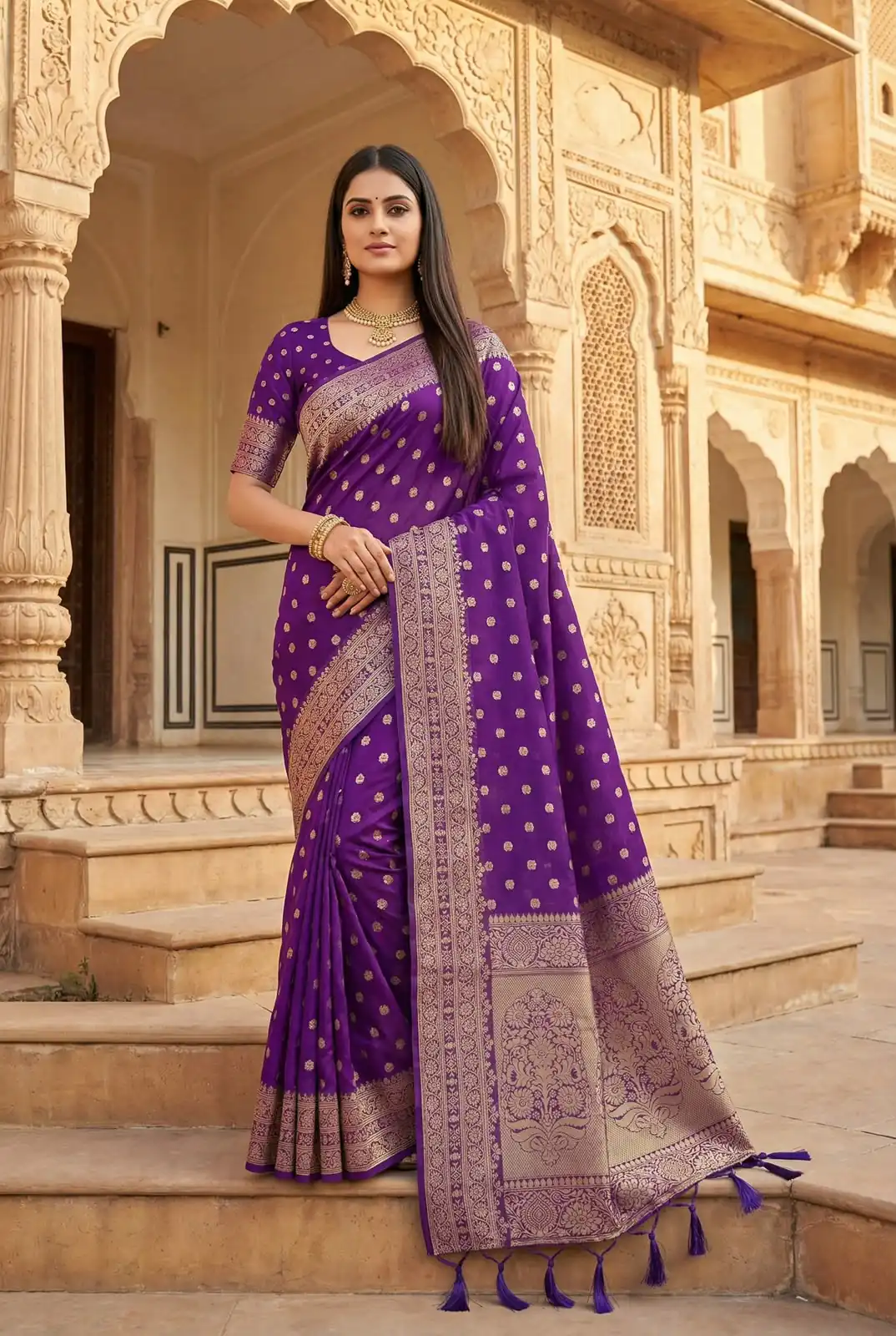 Aglow Purple Viscose Dolla Silk Meenakari Zari Work Saree