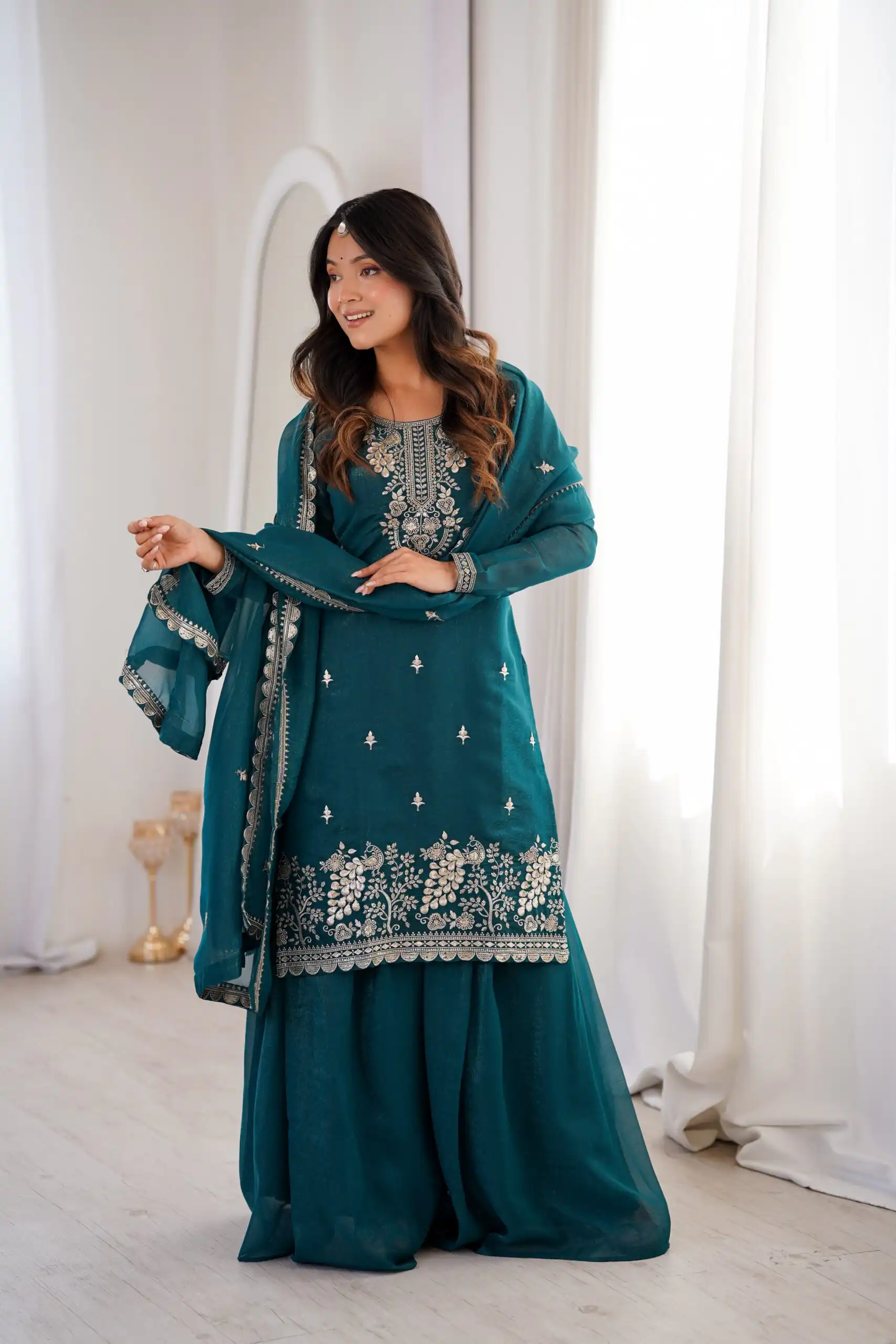 Aglow Teal Crunchy Silk Sequence Work Salwar Suit