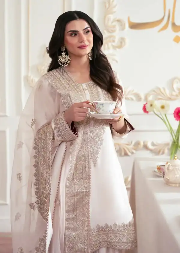 Aglow White French Crep Silk Mirror Work Salwar Suit - Image 2