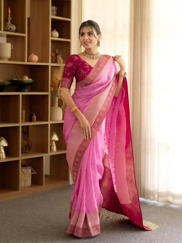 Alluring Pink Soft Silk Jacquard All Over Saree - Image 2