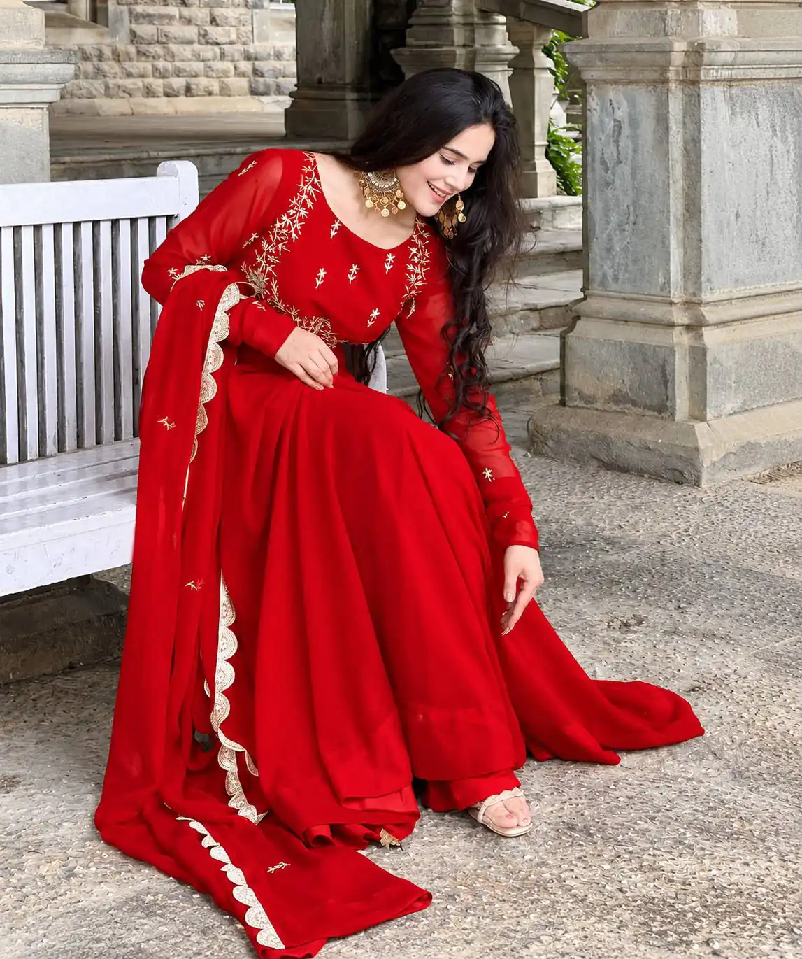 Angelic Red Faux Georgette Sequence Work Gown
