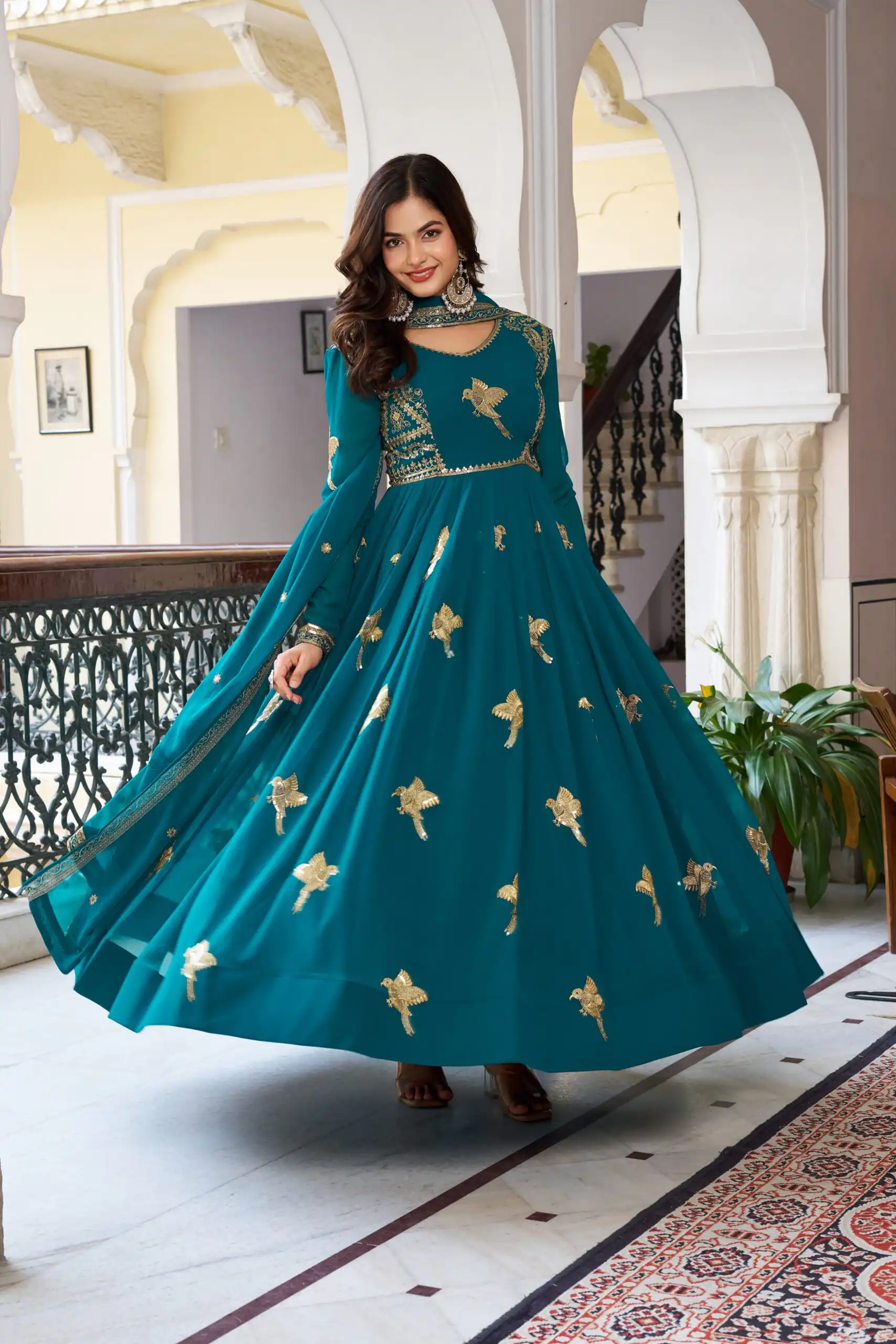 Angelic Teal Faux Georgette Thread Work Gown - Image 2