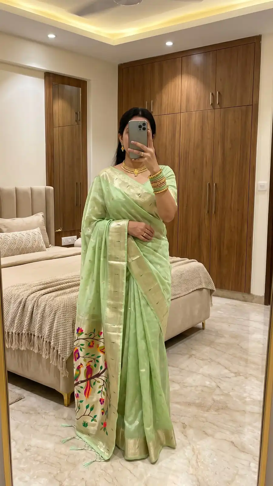 Elegant Pista Organza Silk Paithani Zari Work Saree