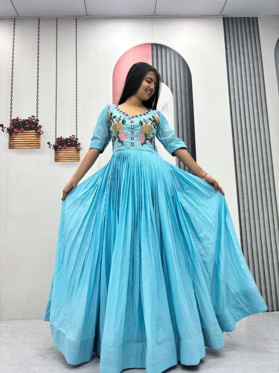 Fancy Blue Mal Cotton Mirror Embroidery Work Gown - Image 6
