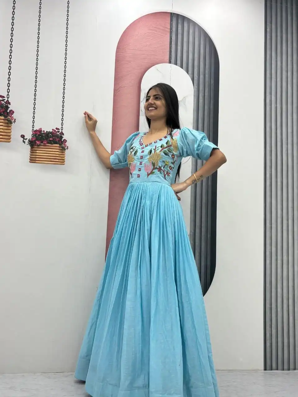 Fancy Blue Mal Cotton Mirror Embroidery Work Gown - Image 5
