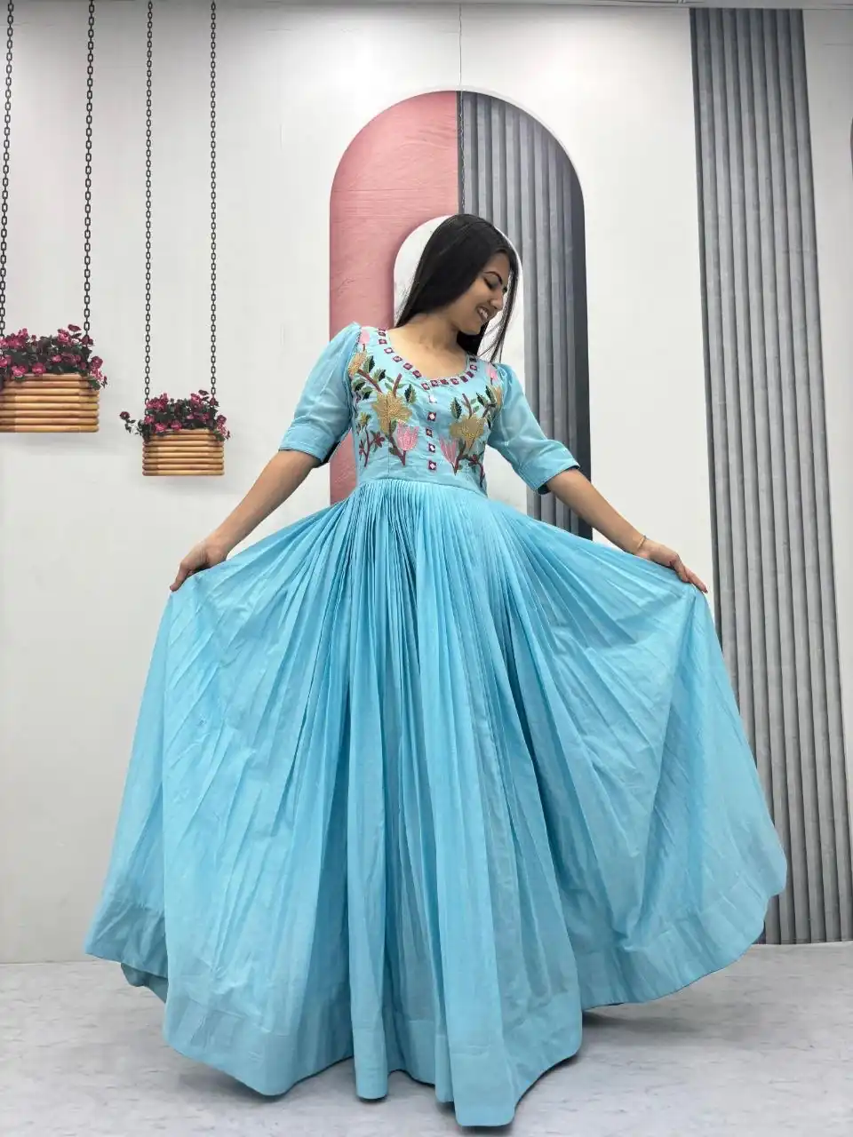 Fancy Blue Mal Cotton Mirror Embroidery Work Gown - Image 3