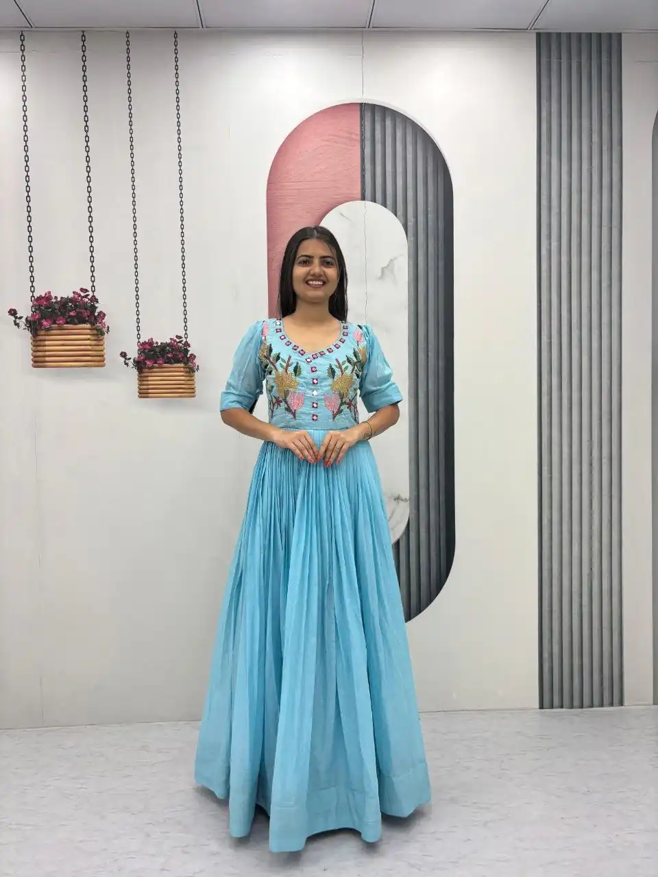 Fancy Blue Mal Cotton Mirror Embroidery Work Gown - Image 2