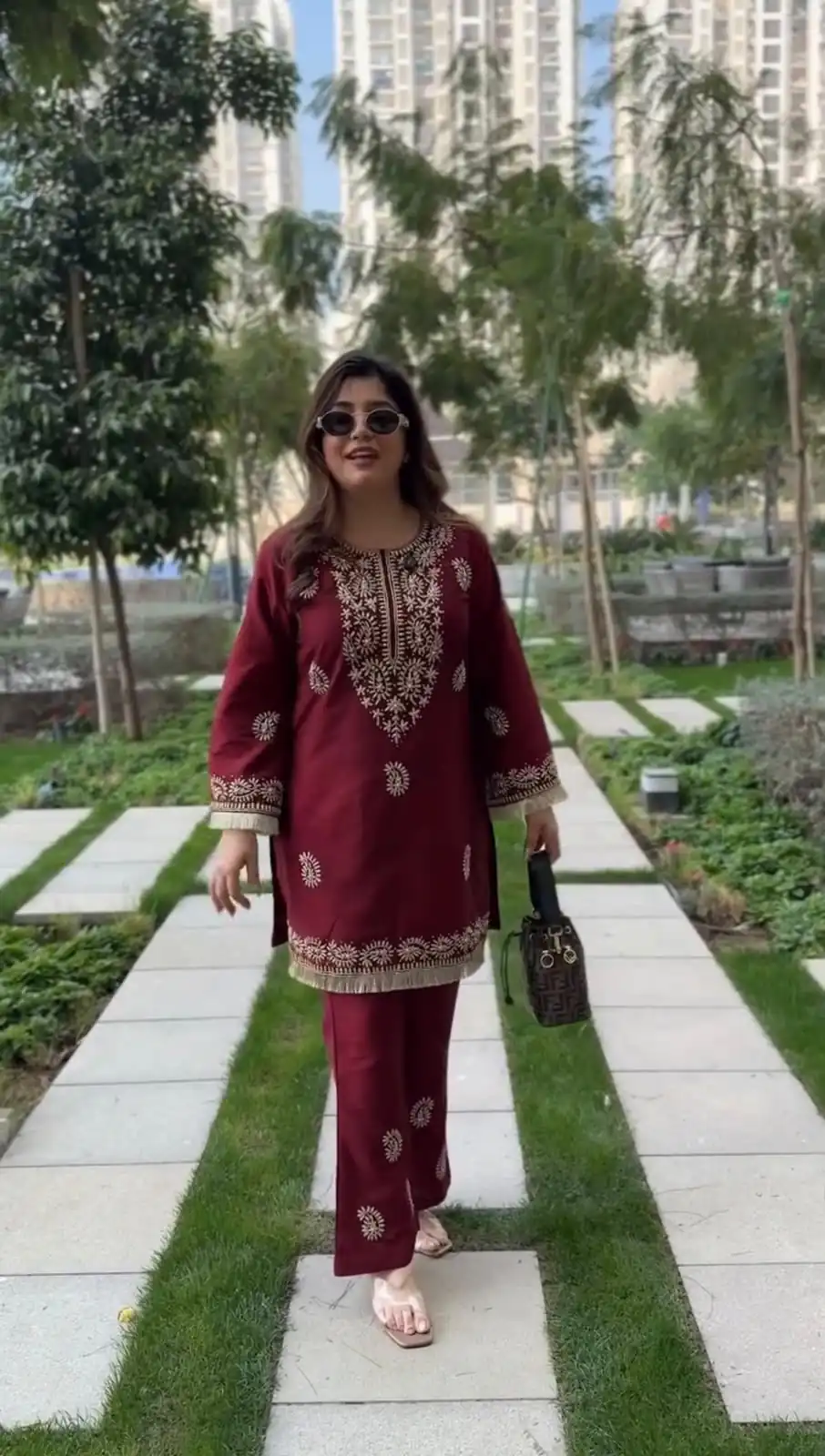 Fancy Maroon Slub Rayon Lace Thread Work Kurti