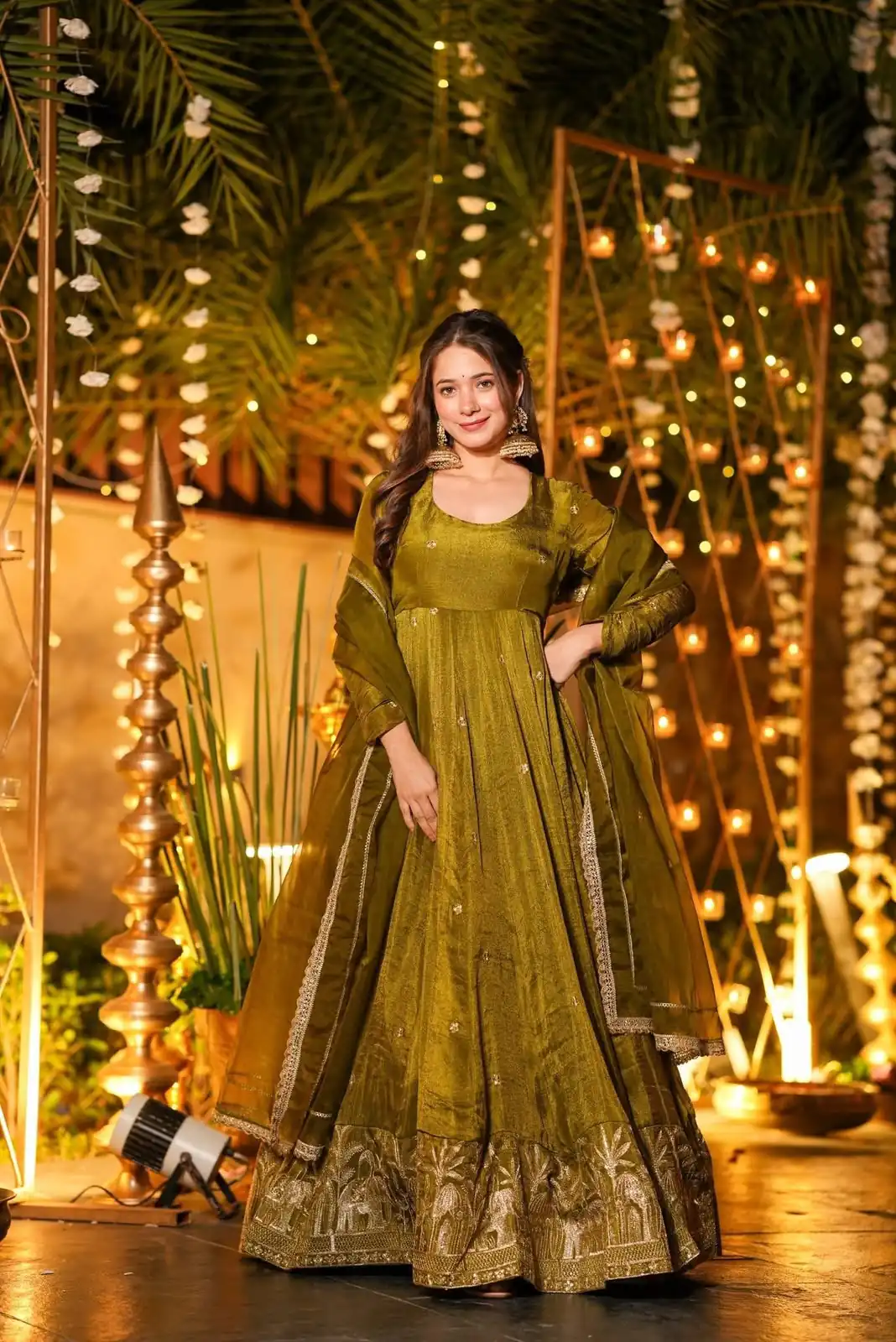 Fancy Mehendi Crunchy Silk Sequence Work Anarkali Suit - Image 3