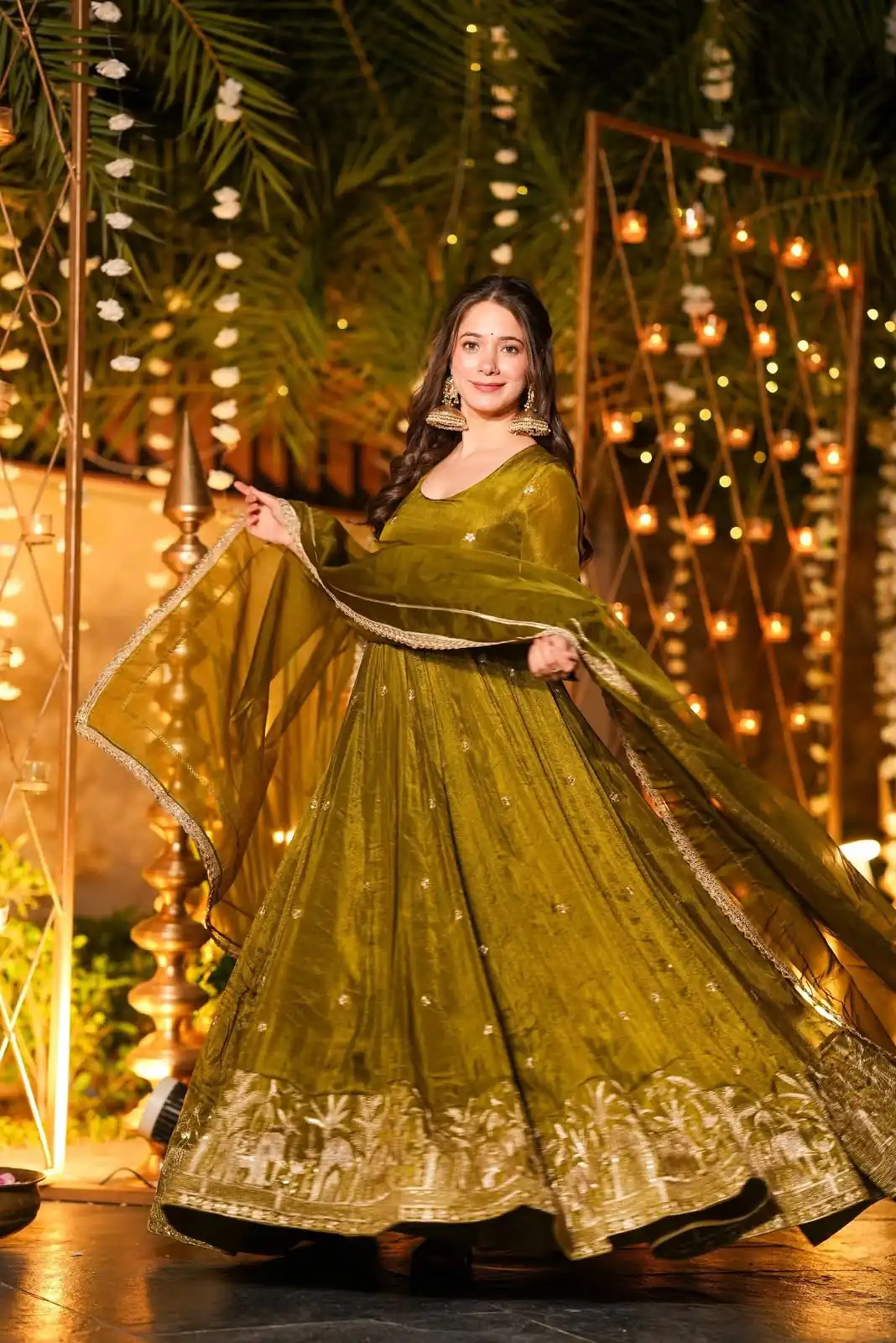 Fancy Mehendi Crunchy Silk Sequence Work Anarkali Suit