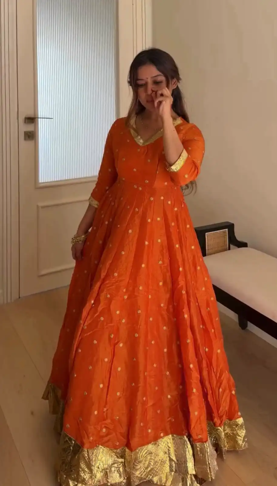 Fancy Orange Vichitra Silk Thread Work Anarkali Suit - Image 2