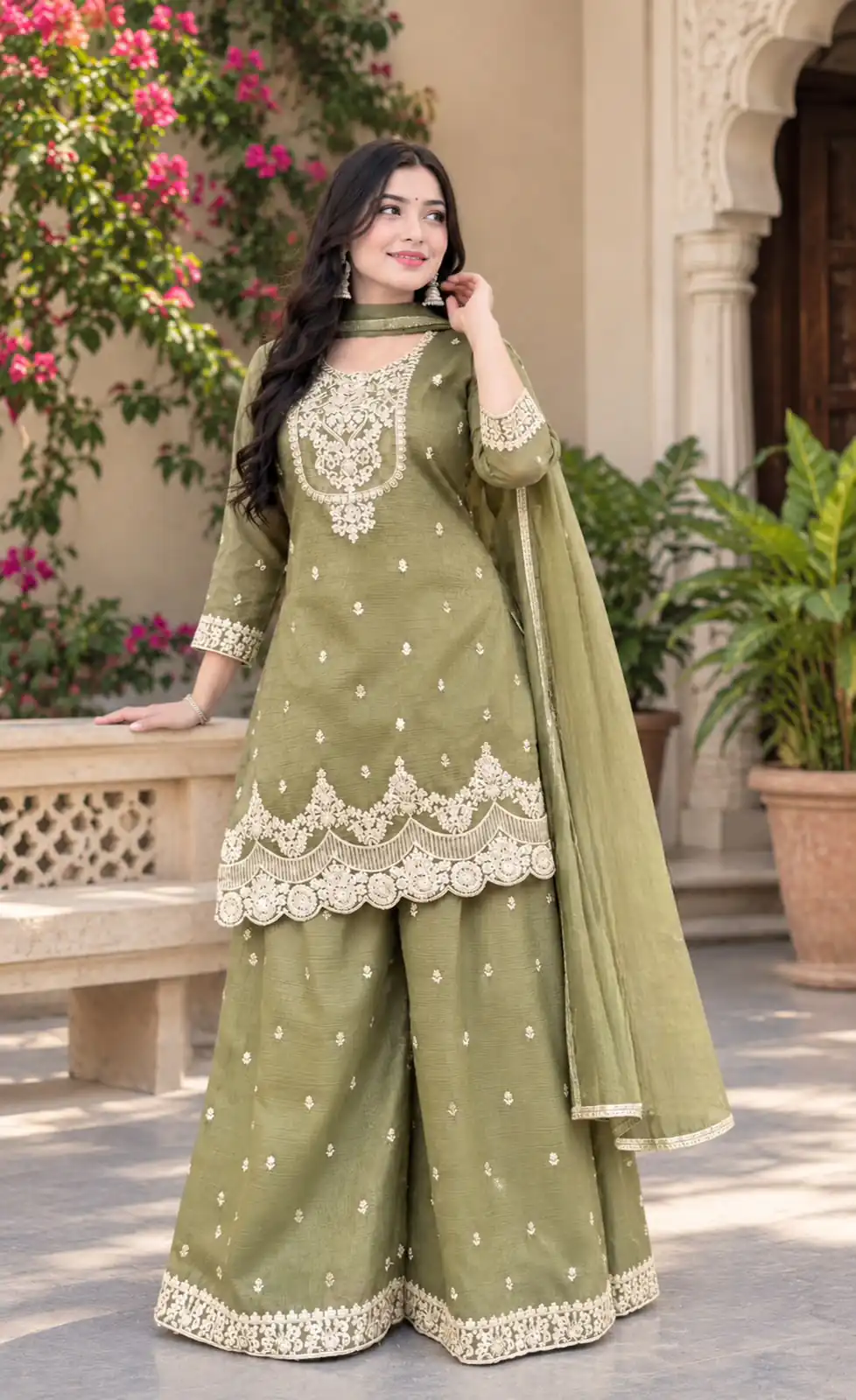 Fancy Pista Crunchy Silk Embroidery Work Salwar Suit - Image 3