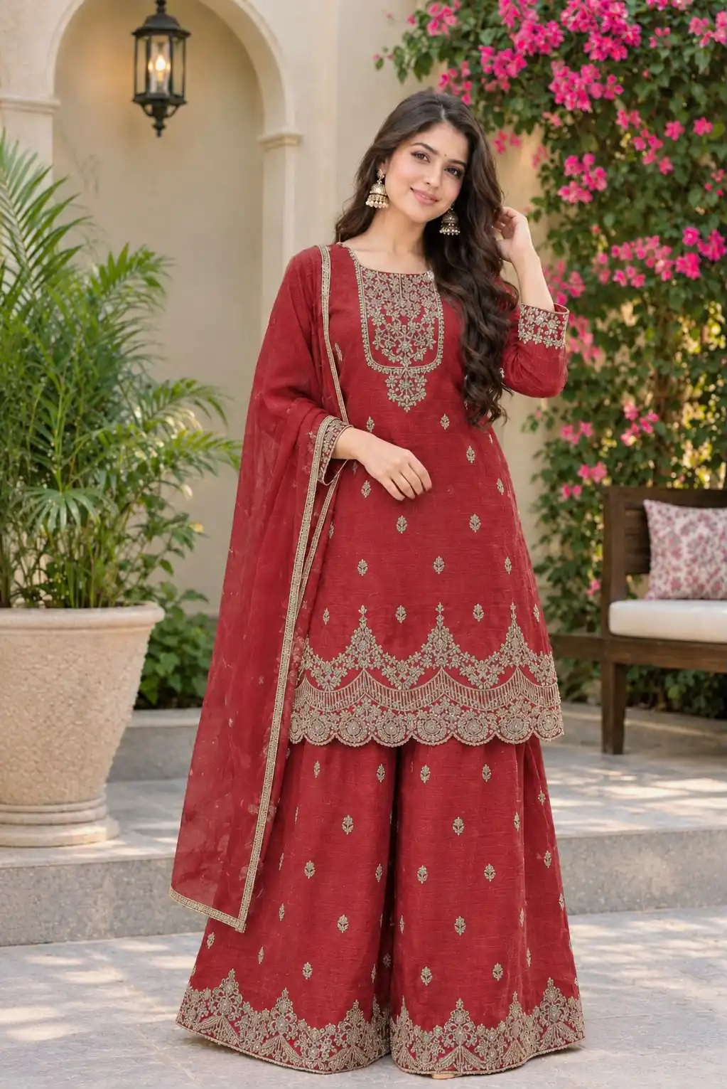 Fancy Red Crunchy Silk Embroidery Work Salwar Suit - Image 2